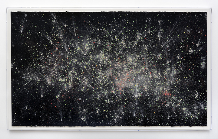 Non-Lethal Tactical Round Powder Drawing #8 , 2016, Powder, non-lethal round casings, black gesso on paper, plexi shadow box, 42 x 72 x 3.25 inches