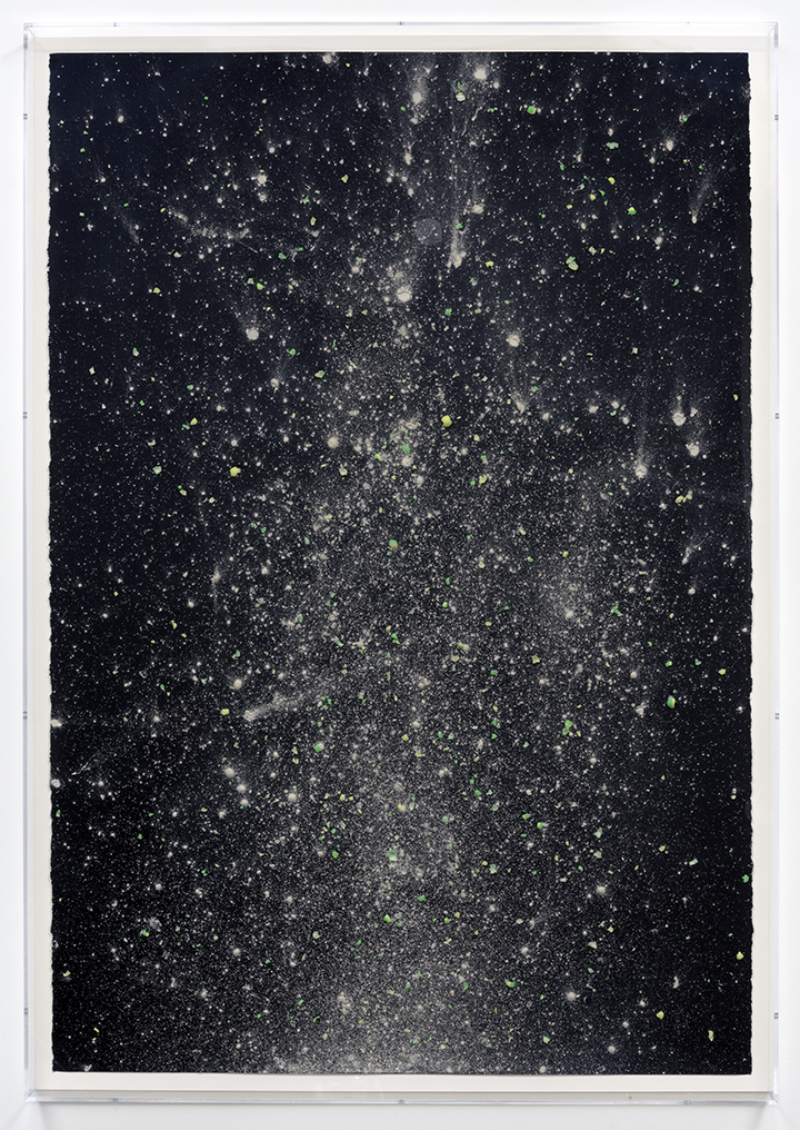 Non-Lethal Tactical Round Powder Drawing #1 , 2016, Powder, non-lethal round casings, black gesso on paper, plexi shadow box, 63 x 44 x 3.25 inches