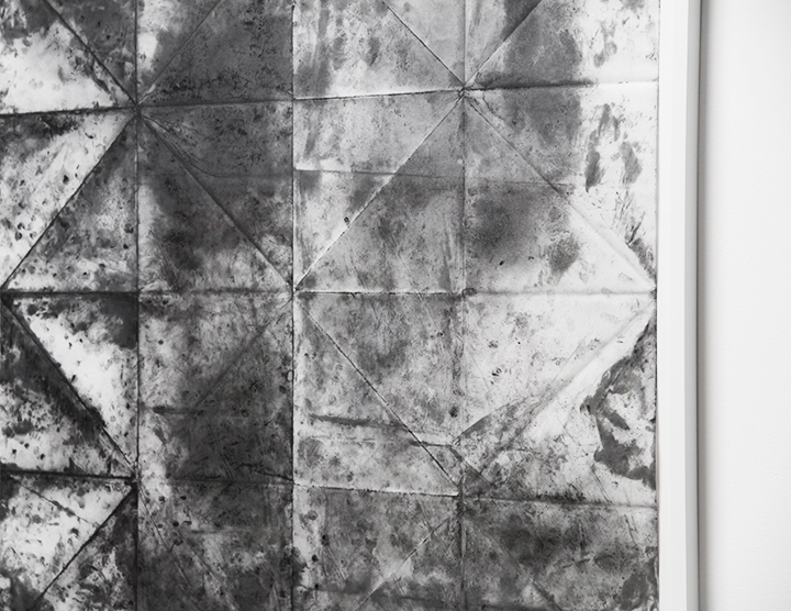 Unfolded; or If I Could Take it Back I Would (detail), 2015, Finger-print graphite on vellum, 82.75 x 45.5 inches