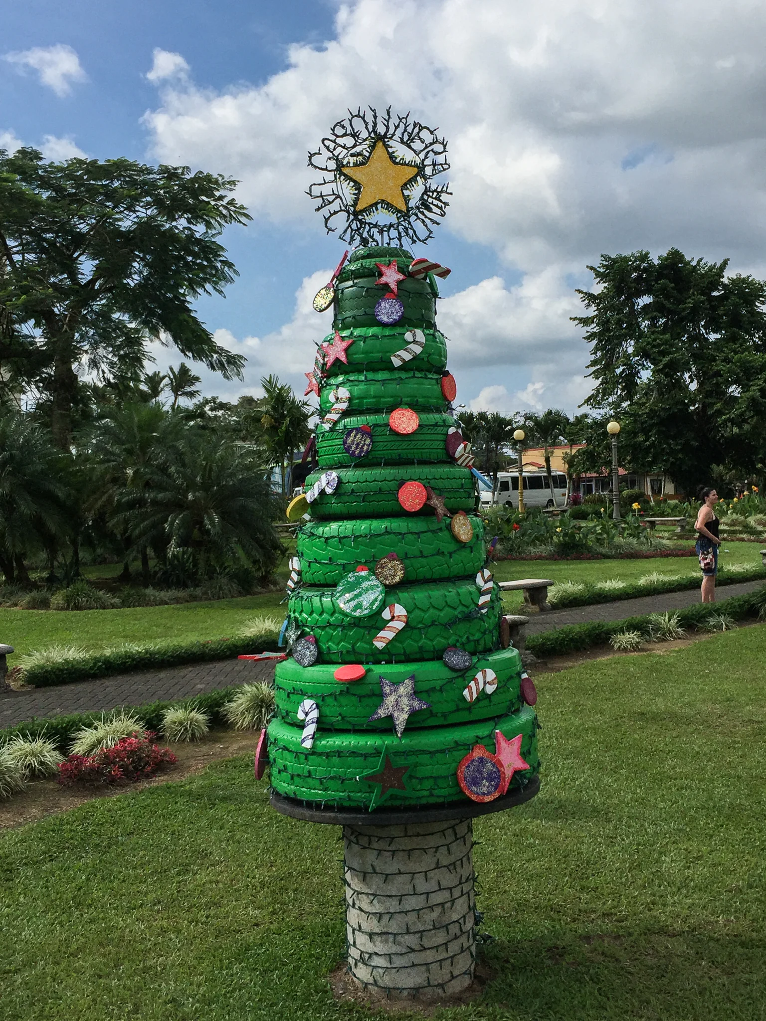  We even found a Christmas tree made from car tires in the city park of Fortuna. This is in the town square in downtown Fortuna. Pine trees are hard to come by, so they had to get creative. There were also trees made out of 7-up bottles and white plastic bags. 