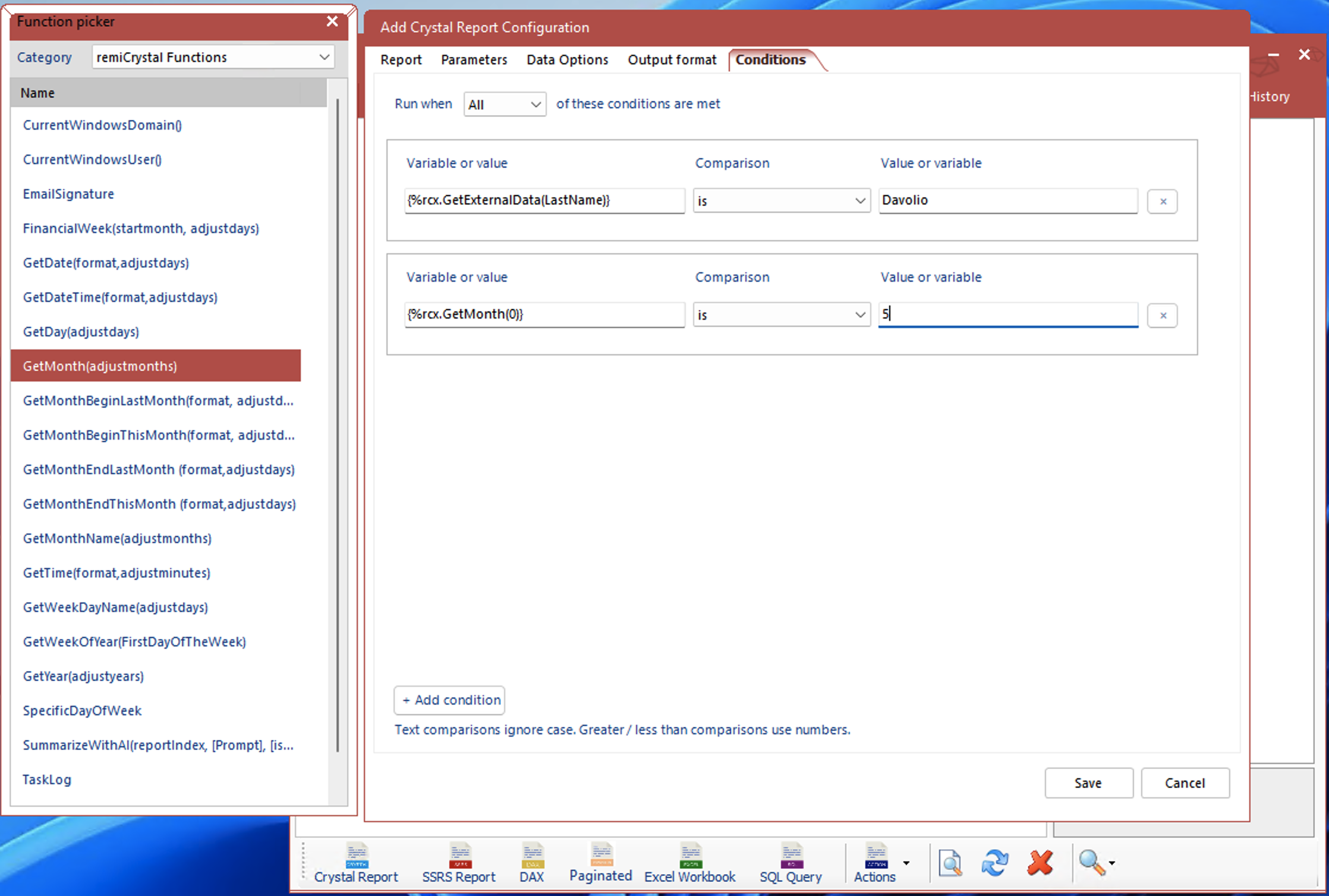 A screen showing conditions being set up in remiCrystal