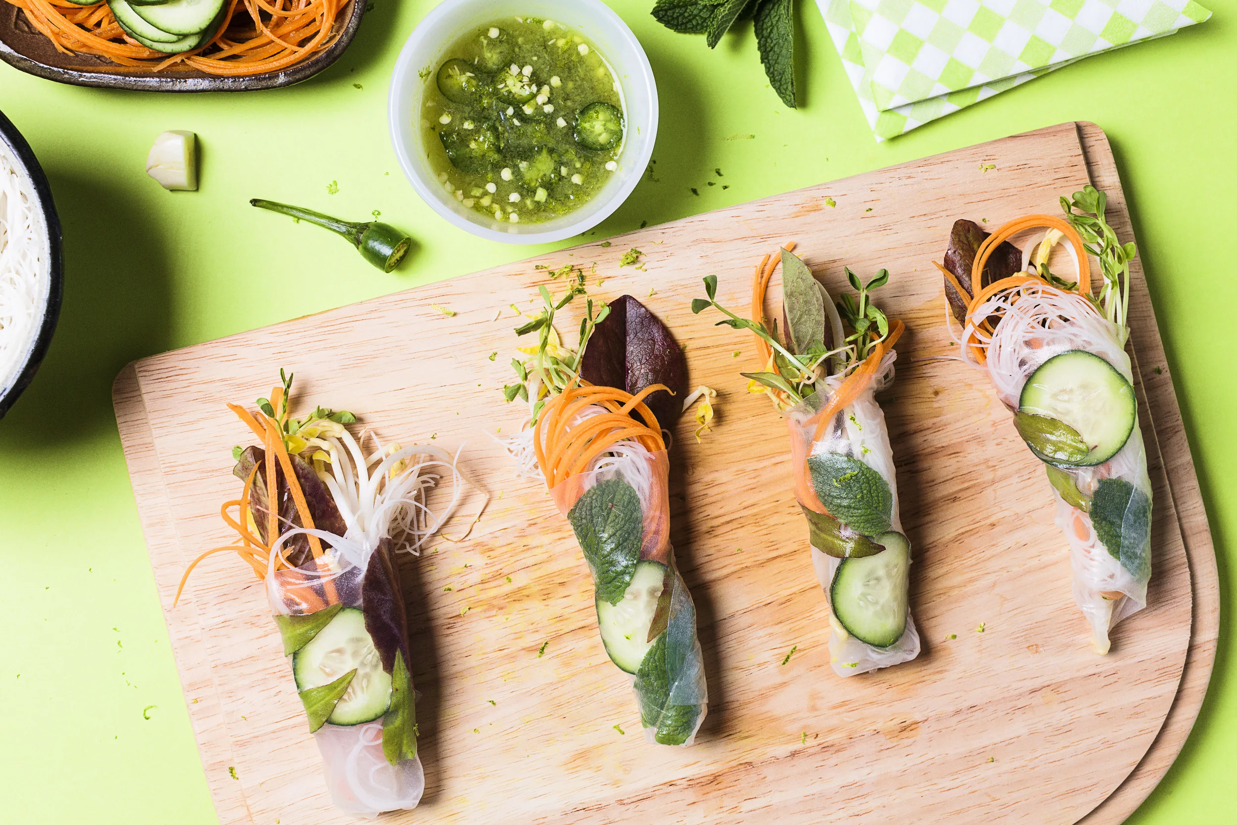 Rice Paper Rolls w Green Chilli Dipping Sauce. Recipe and styling by Cle-ann , photo by Hugh Adams .