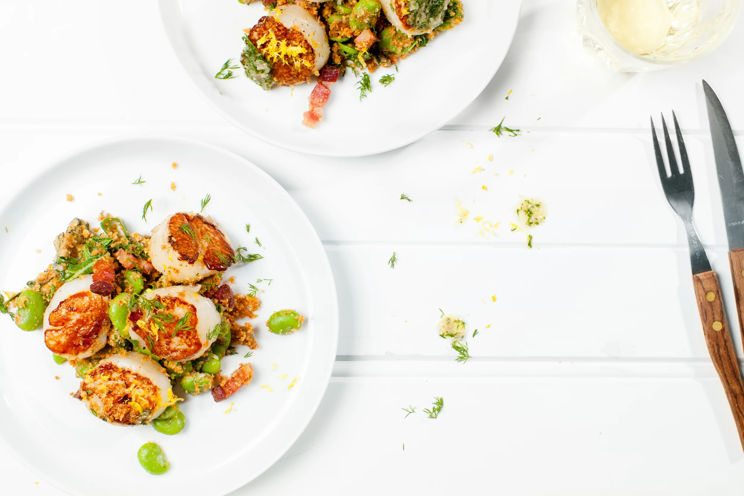 Grilled Scallops w Almond, Pancetta & Broad Bean Salad. Recipe and styling by Cle-ann , photo by Hugh Adams .