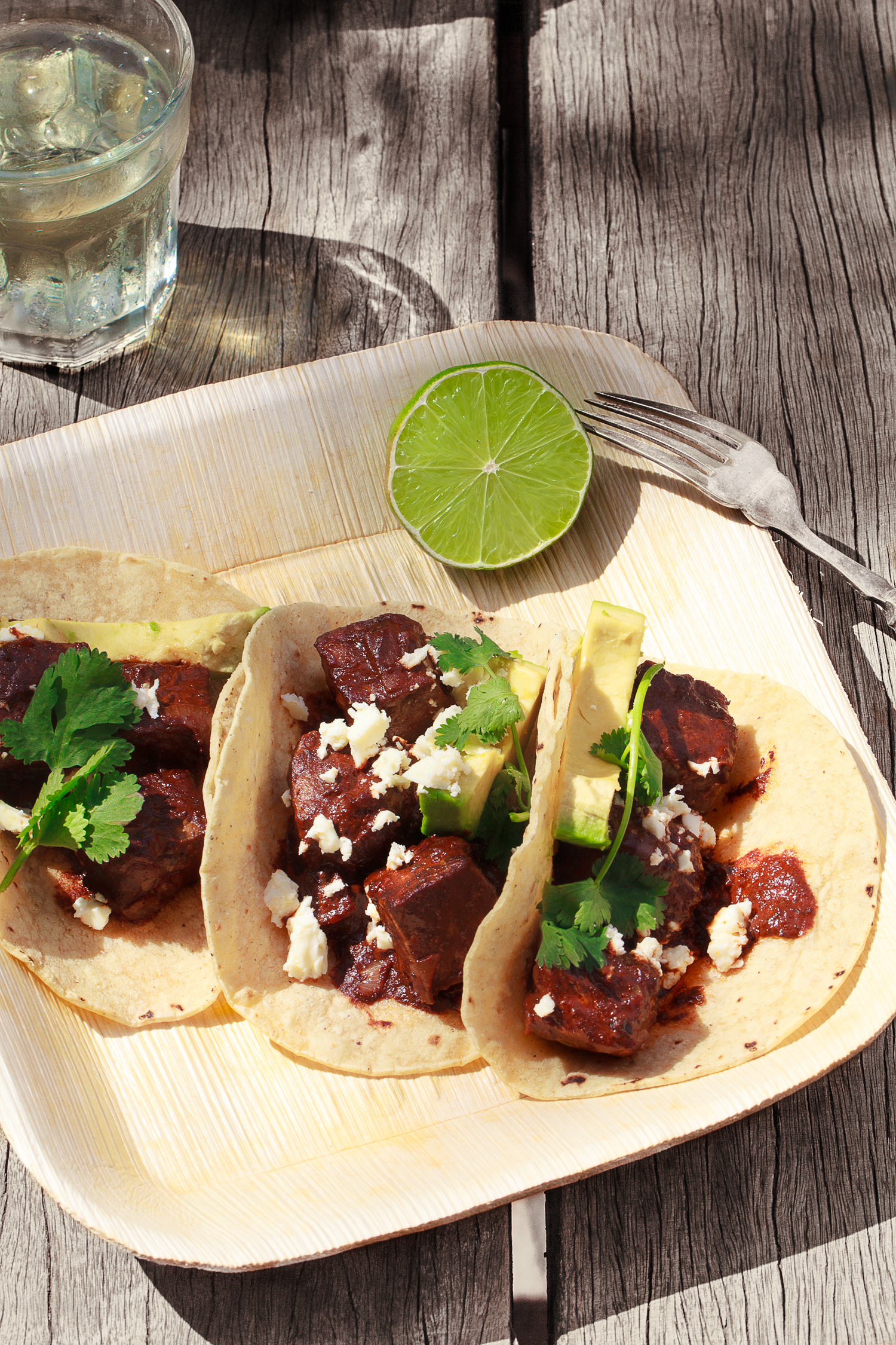 Speedy Mole Beef Tacos. Bio-plate from Chef's Hat . Recipe and styling by Cle-ann , photo by Hugh Adams .