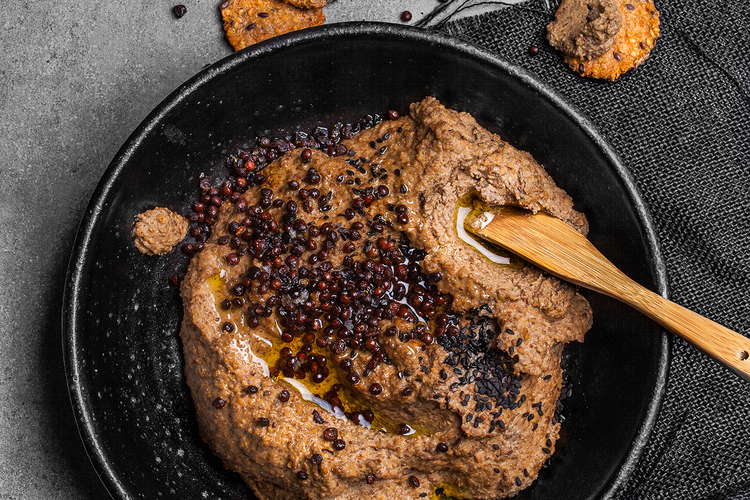 Beluga Lentil Dip w Crispy Baked Lentil. Recipe and styling by Cle-ann , photo by Hugh Adams .
