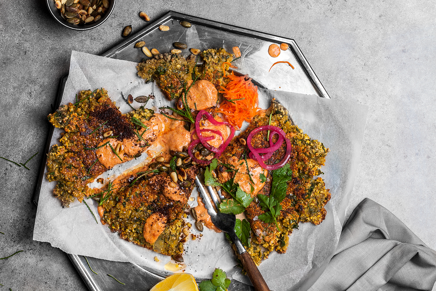 Sandwich Pressed Falafel w Harissa Yogurt. Recipe and styling by Cle-ann , photo by Hugh Adams .