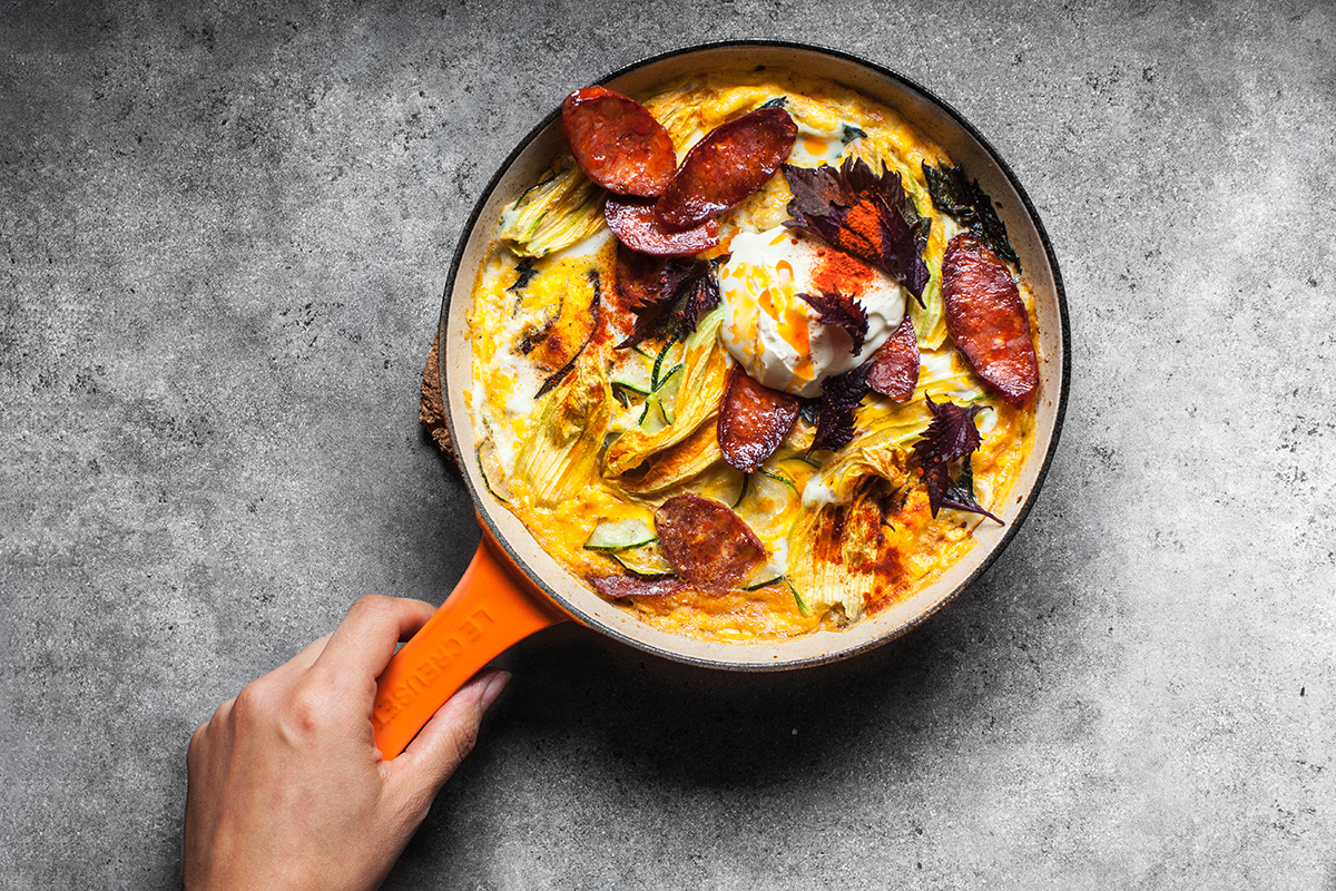 Zucchini, Shiso & Chorizo Tortilla. Recipe and styling by Cle-ann , photo by Hugh Adams .