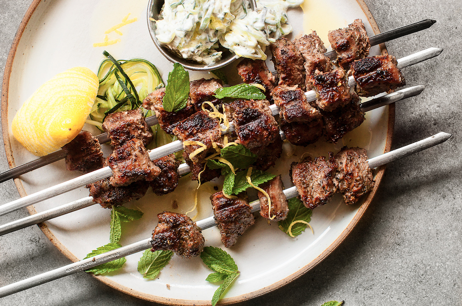 LAMB SOUVLAKI WITH ZUCCHINI TZATZIKI