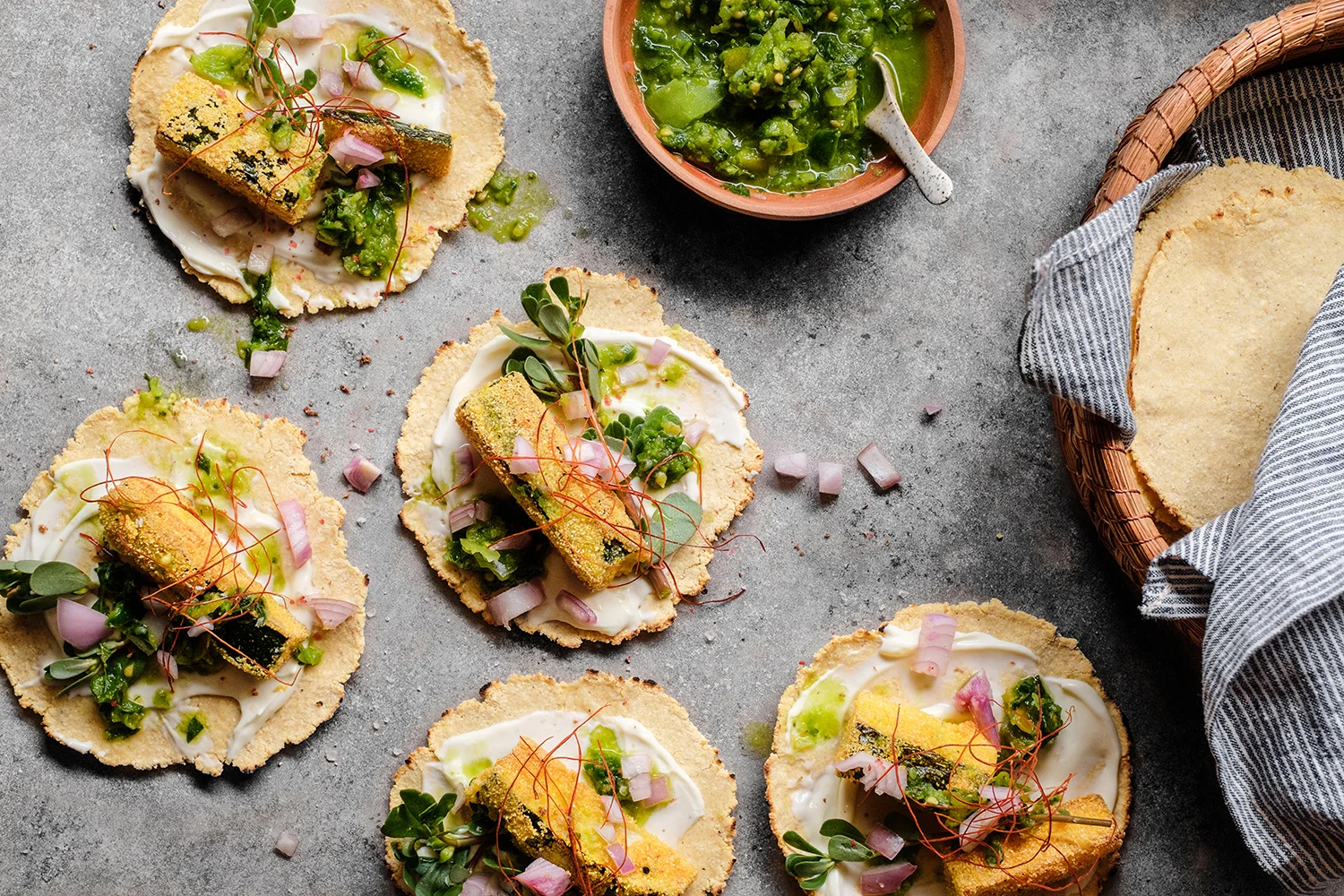 Crispy Zucchini Tacos w Raw Green Salsa and Homemade Corn Tortillas. Recipe and styling by Cle-ann , photo by Hugh Adams .