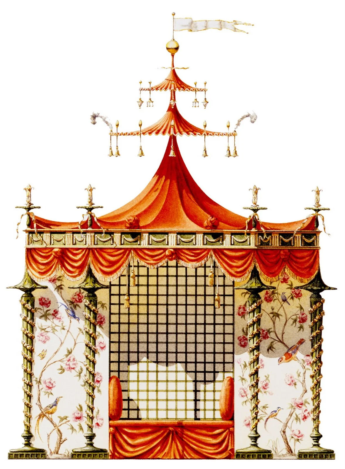 A watercolour rendition by Andrew Zega and Bernd H. Dams of the Chinese Tent for Trianon, designed 1780 and commissioned by Marie-Antoinette, conceived to embellish her gardens at Trianon. Zega and Dams, skilled artists, architects and historians delve into the fanciful and exotic Chinoiserie style of Europe of the mid to late eighteenth century.