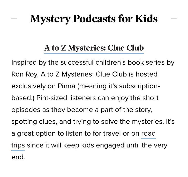Thanks @theeverymom for including A to Z Mysteries Clue Club in your list of 18 Best Kid-Friendly Podcasts You Won&rsquo;t Mind Listening to with Your Littles. 🎧 We appreciate it!