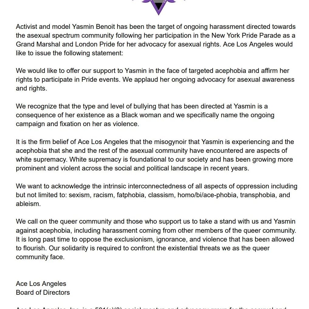 RG @acelosangeles Official Statement on the Recent Acephobic Attacks and Harassment of Yasmin Benoit

#asexualspectrum #asexuality #acephobia #racism #lgbt #lgbtqia2s #queercommunity #misogynoir #yasminbenoit