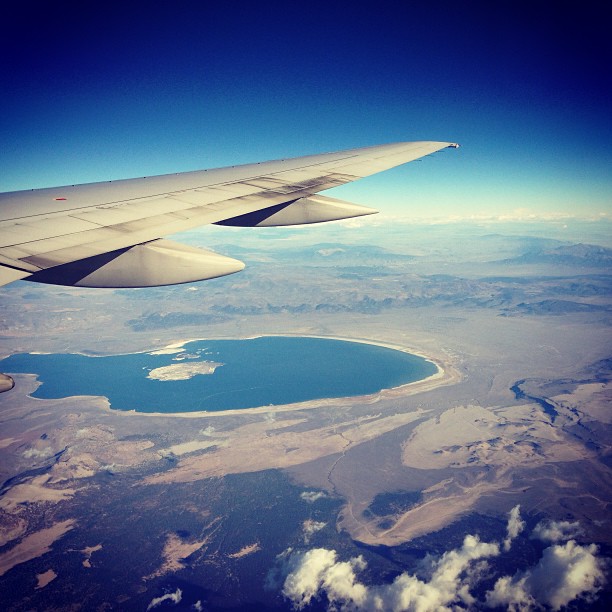 Mono Lake means I'm almost home. Photo by author. Plane by United.
