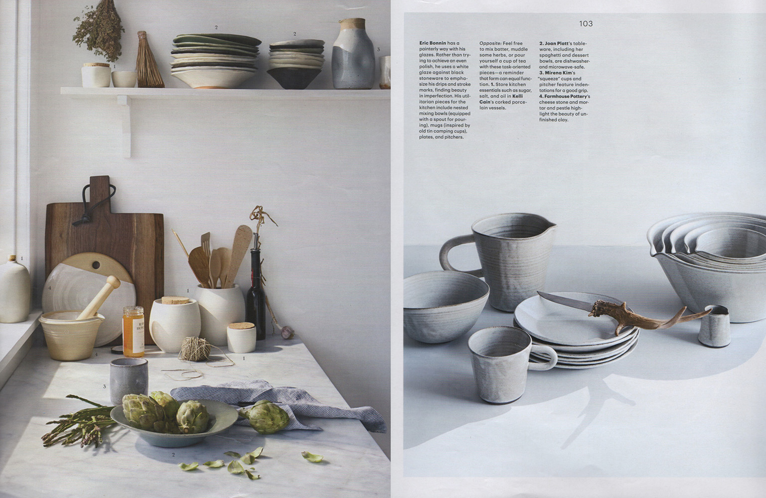 Squeeze Carafe in Speckle White (on high shelf) and Squeeze Cup in Shino at center of the table.