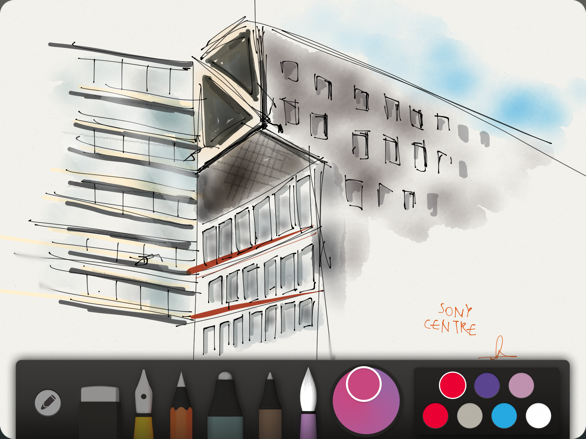 A quick sketch of the architecturaly brilliant Sony Centre in the heart of Berlin. Click to enlarge.