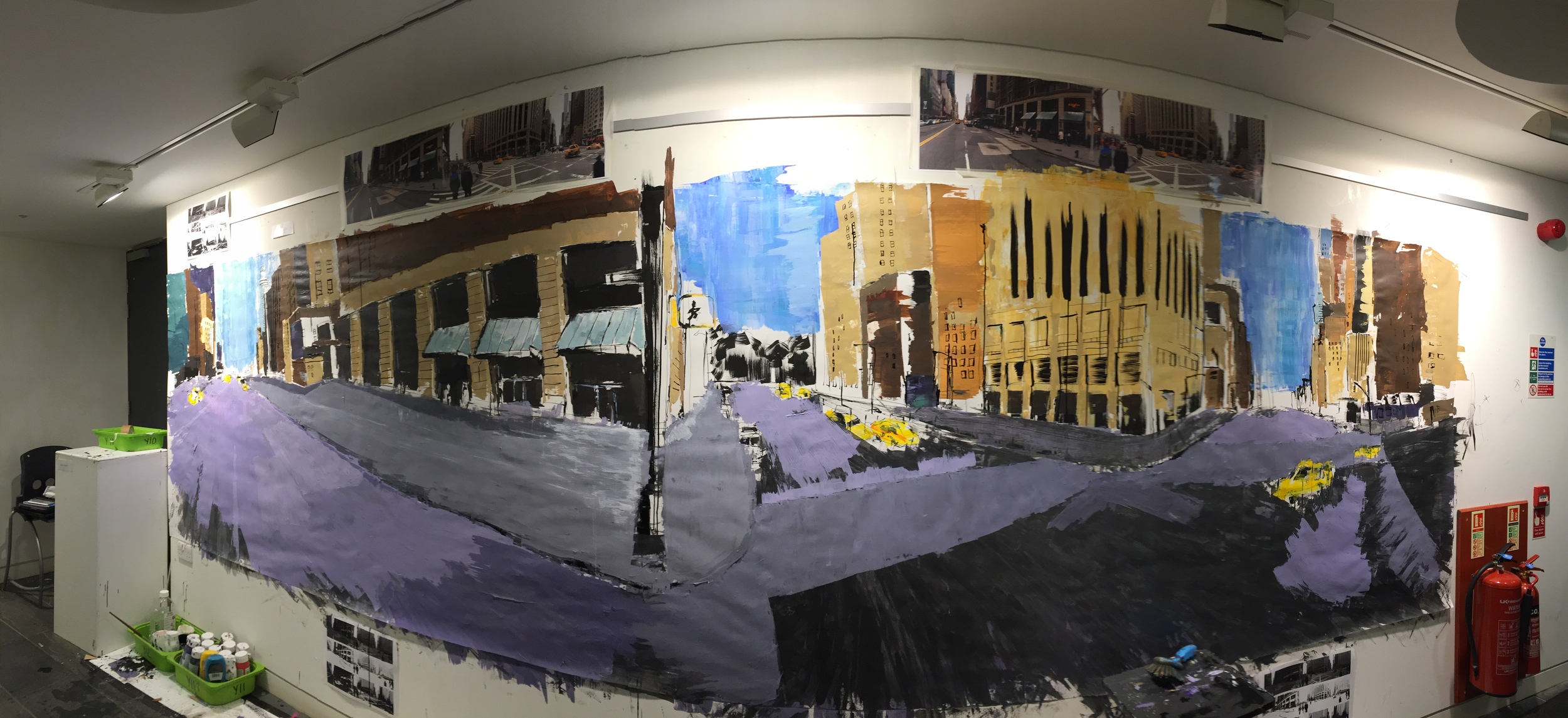 Starting to repaint the road area in block sections. The dark grey still visible on the right hand section of the piece. Click to enlarge.