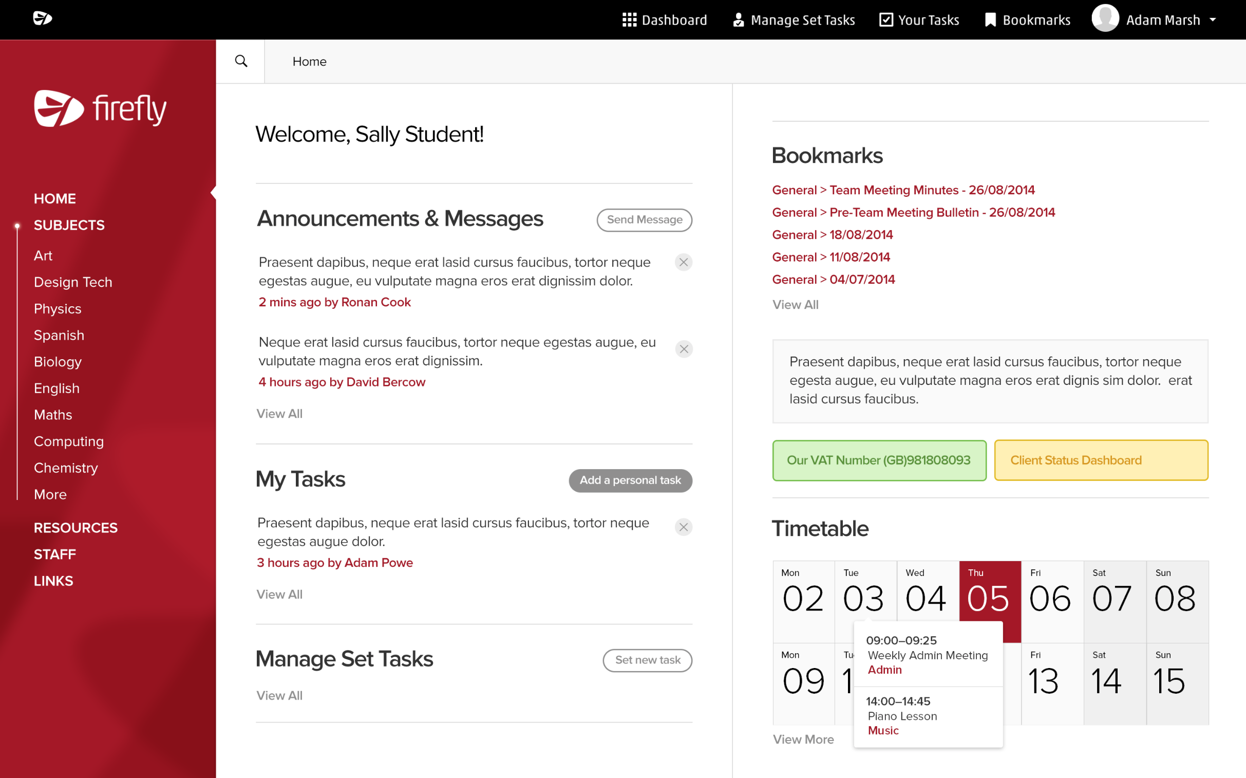 The template dashboard page..