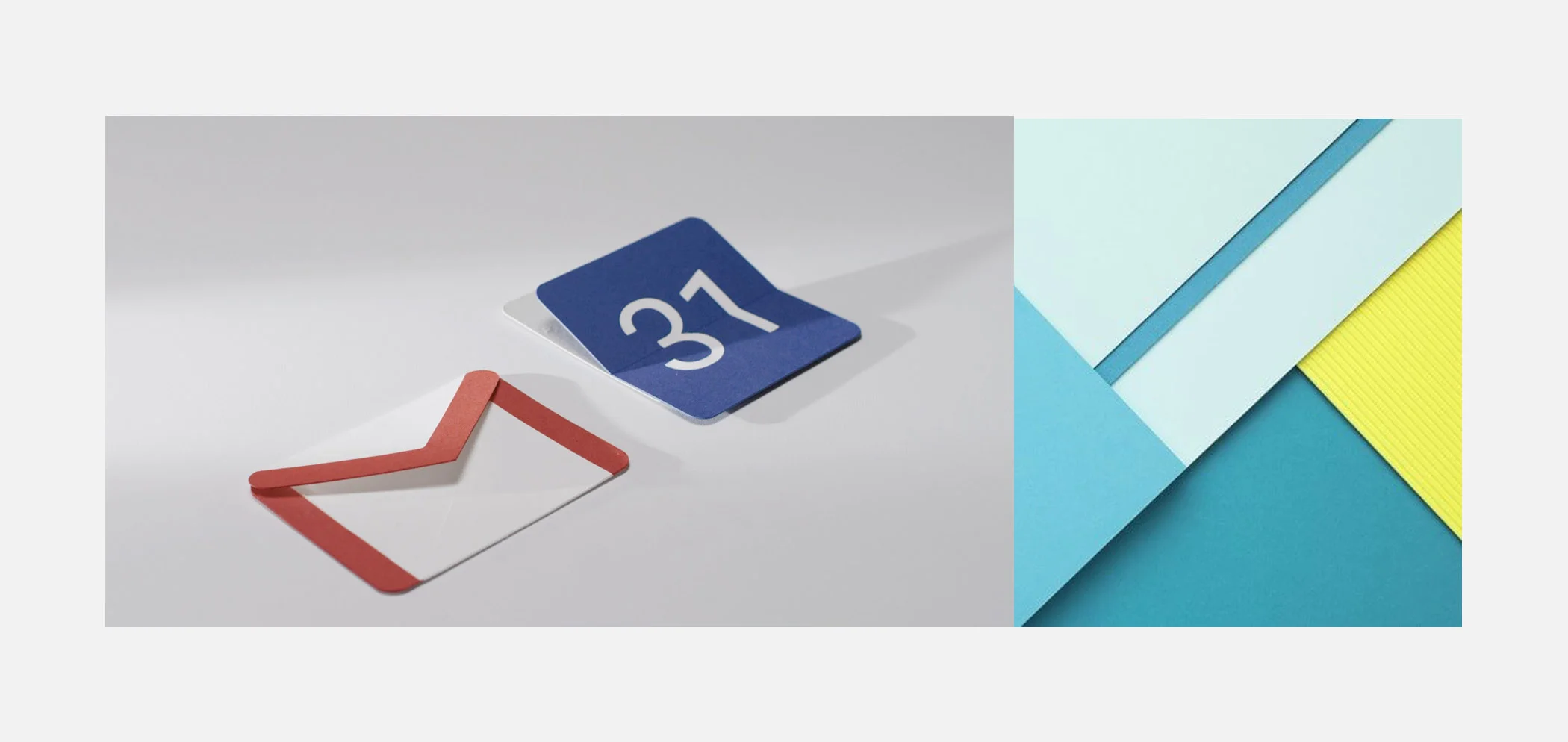Left. Google's Material Design icons for Gmail and Calendar created with paper. Right. Google's Material Design layered sheets of paper.