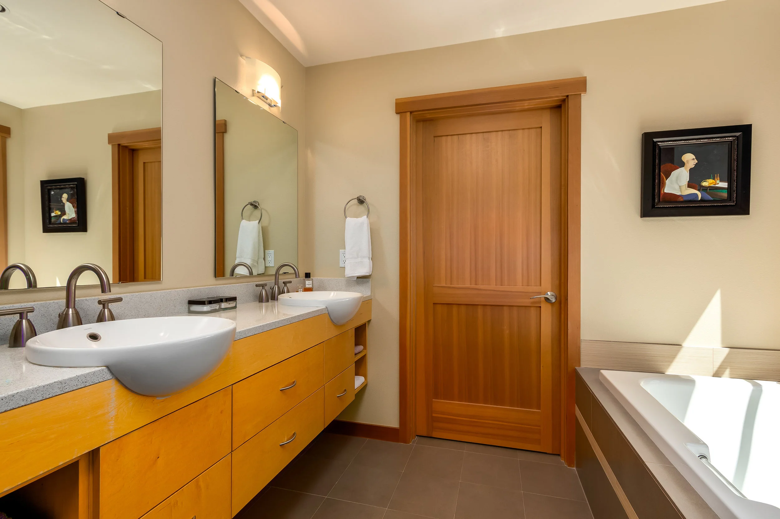 Master Bathroom with soaking tub and double sinks. Luxurious details make you feel like you're in a spa.