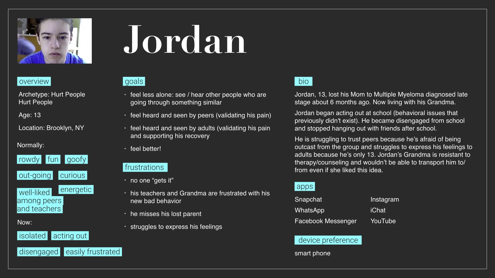 user persona with details developed from user advocate interviews, research and input