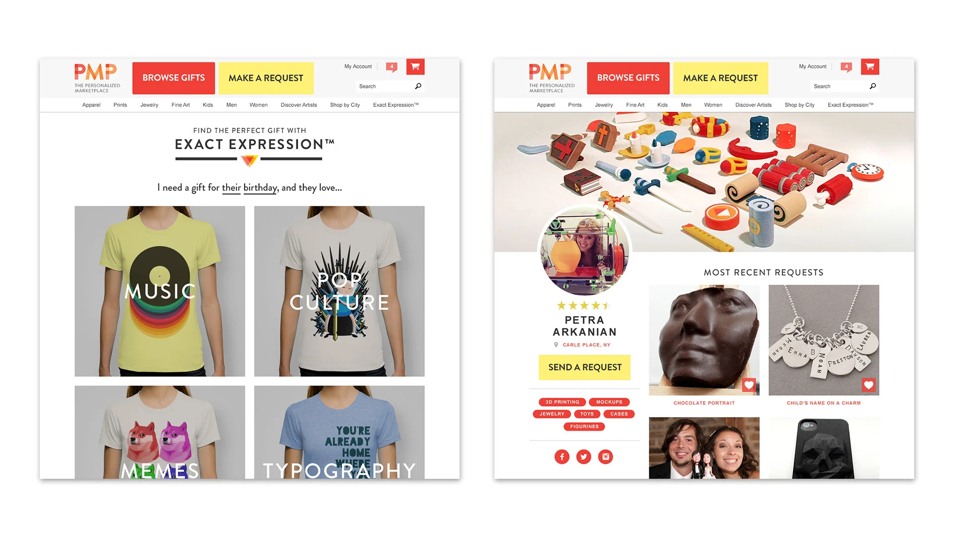 The site functions as an on-demand creative platform for freelance artists. These visuals show examples of a collection and profile page.