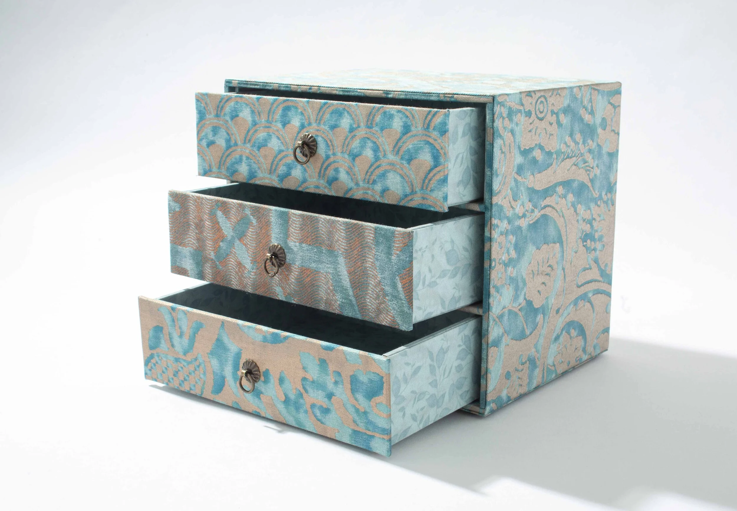 Exquisitely made boxes with three drawers covered in Fortuny fabric. Cynthia Black, Cartonnage master, makes these with precision both inside and out.
