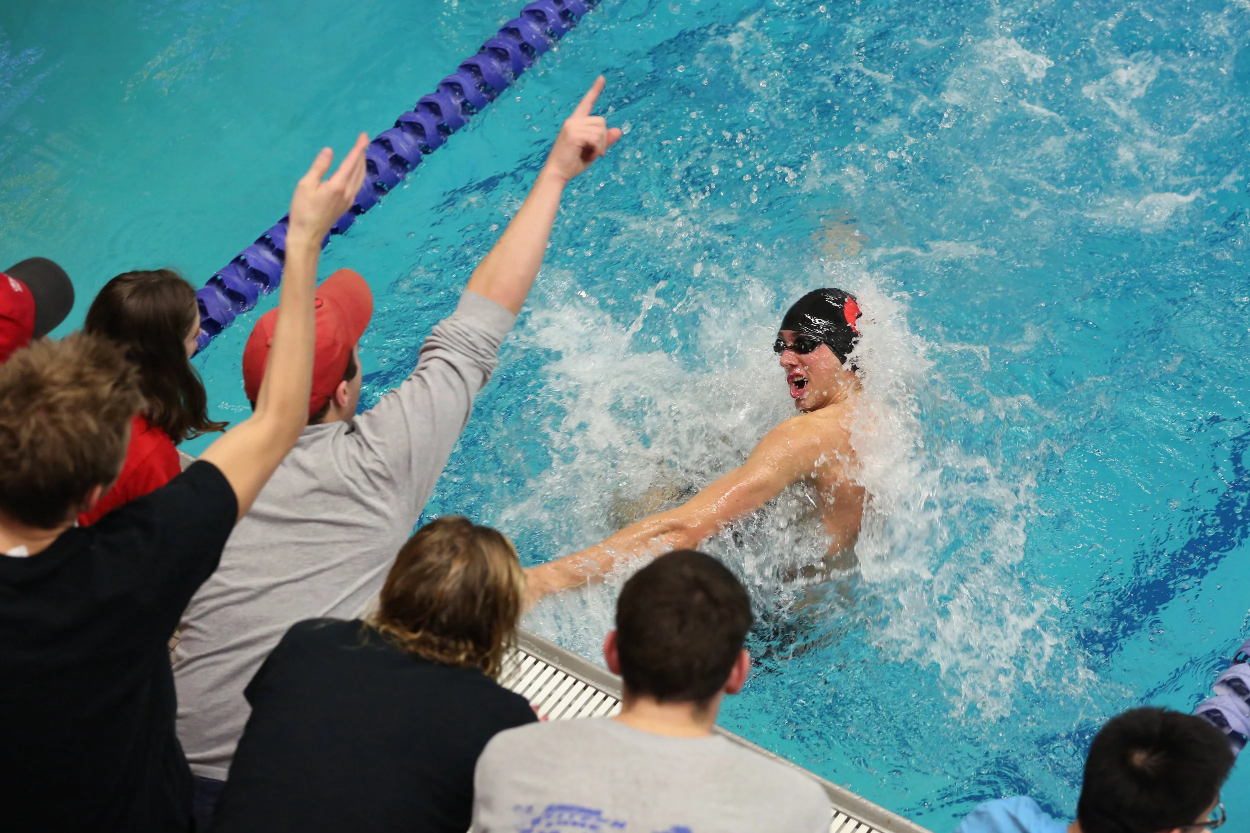  Catholic University swimmers cheer on a teammate in 2016. 