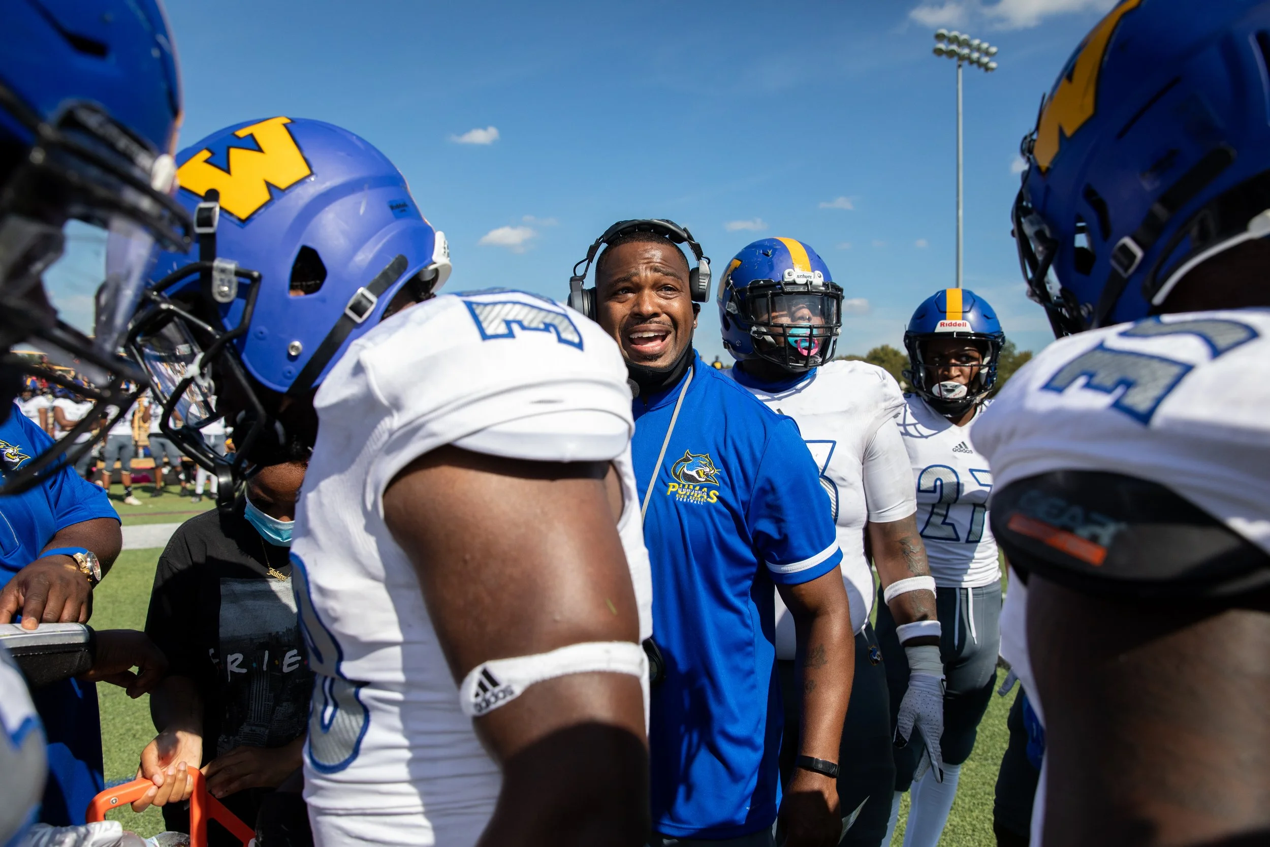   DaLawn Parrish, head coach for Wise High School football, yells at his players during a football game between Gwynn Park High School and Wise High School at Gwynn Park High School in Brandywine, Maryland, on Saturday, October 2, 2021. (Amanda Andra