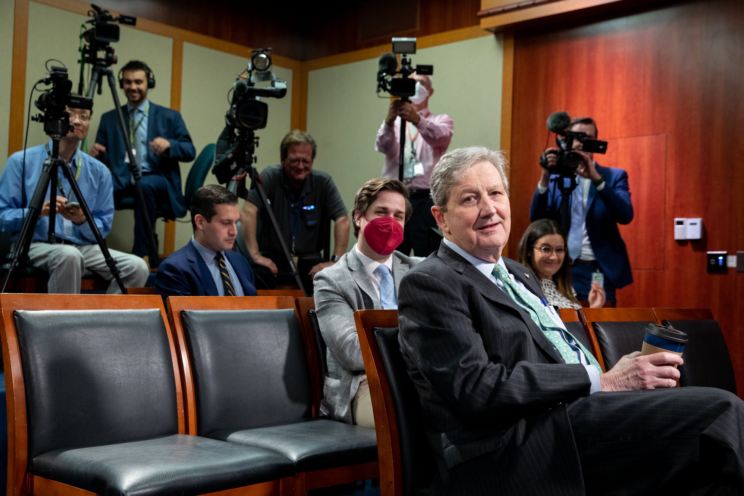  Sen. John Kennedy, R-La., sits among members of the media before a press conference on gas prices at US Capitol in Washington, D.C. on May 18, 2022. (Amanda Andrade-Rhoades/For The Washington Post) 