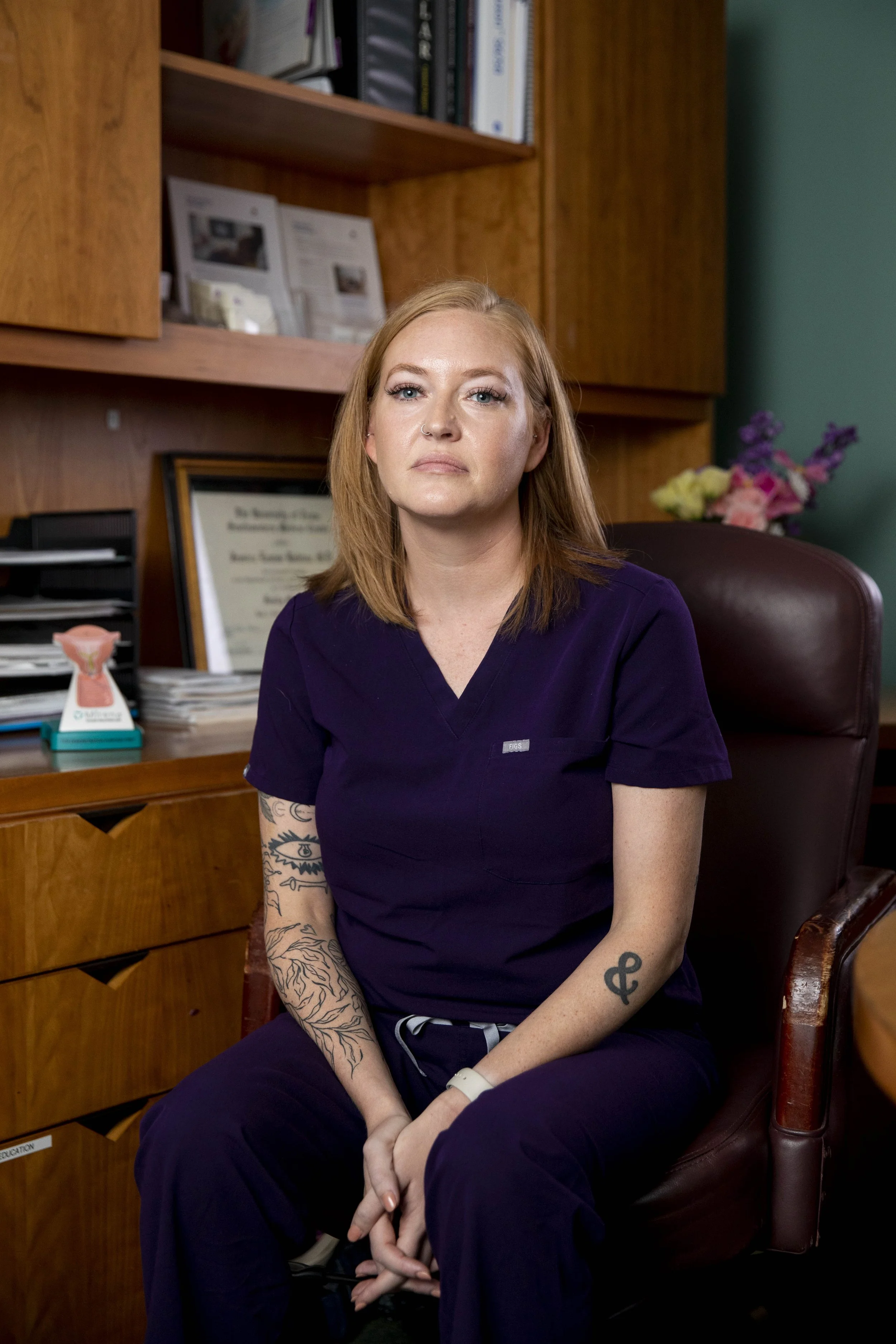  Dr. Jessica Rubino poses for a portrait in her shared office at her new clinic in Falls Church, Virginia, US, on August 29, 2023. Dr. Rubino had been working in Austin, Texas as an abortion provider, before she had to move due to Texas’ changing law