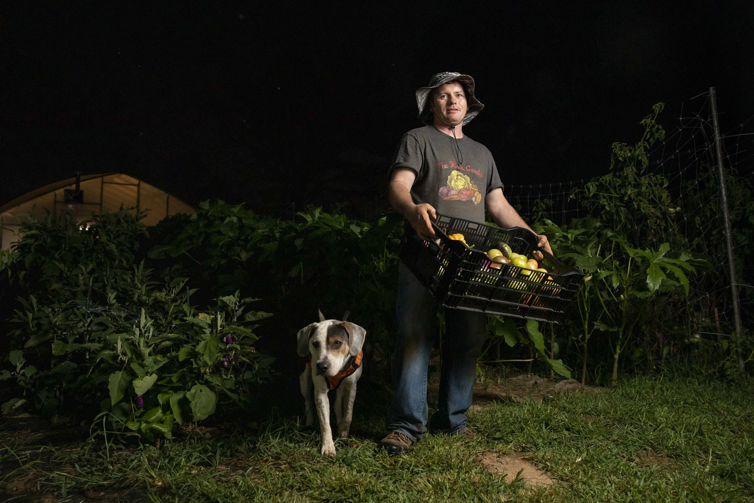  Mark Hines owns a small farm in Derwood, Md., where he harvests award-winning produce at night. He’s usually accompanied by his dog Cooper, whose job includes chasing off foxes. Mark’s day begins as the sun sets, opting to harvest his crops at night