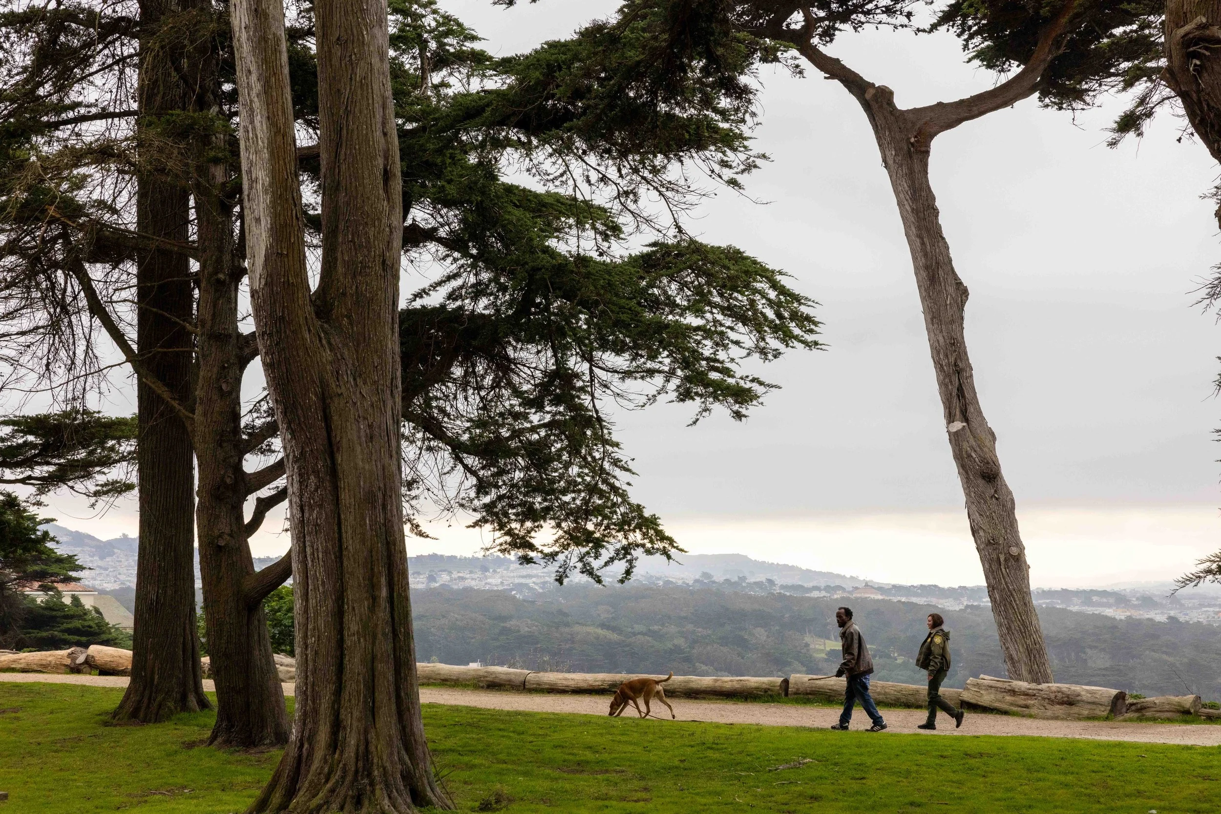  Park ranger Amanda Barrows walks with Ronnie Morrisette and his dog, Joi, in Sutro Heights. Barrows devotes much of her time to cultivating relationships with homeless people in the city's parks with the hope of, eventually, moving them into housing