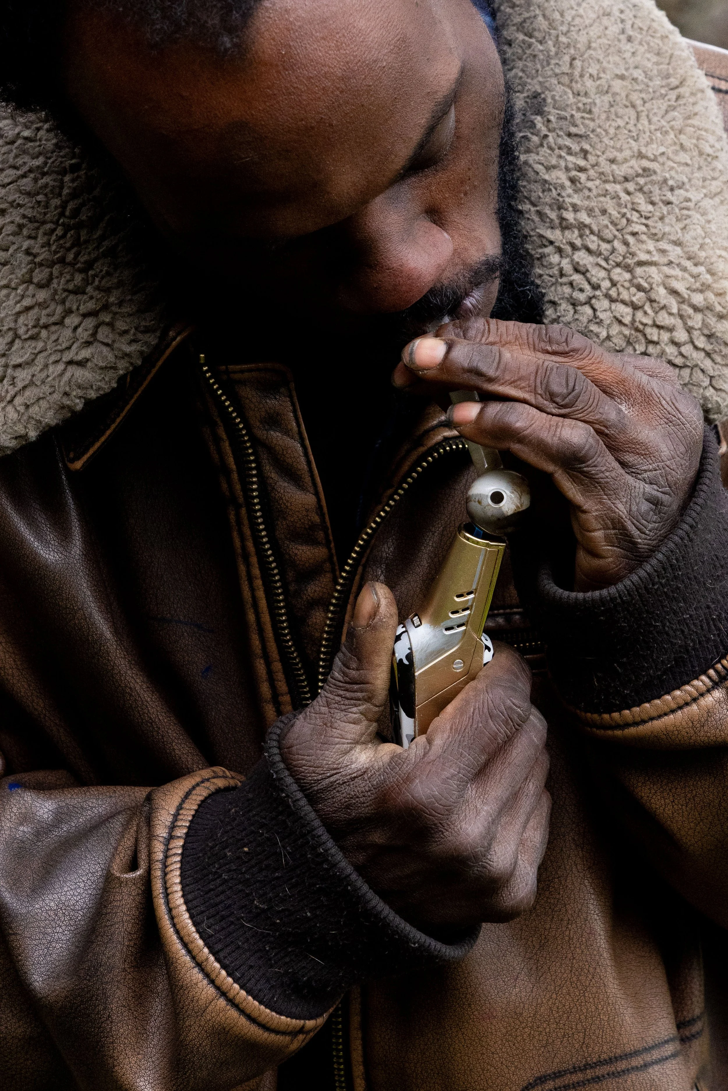  Morrisette lights a methamphetamine pipe in Sutro Heights.  (Amanda Andrade-Rhoades/The San Francisco Standard) 