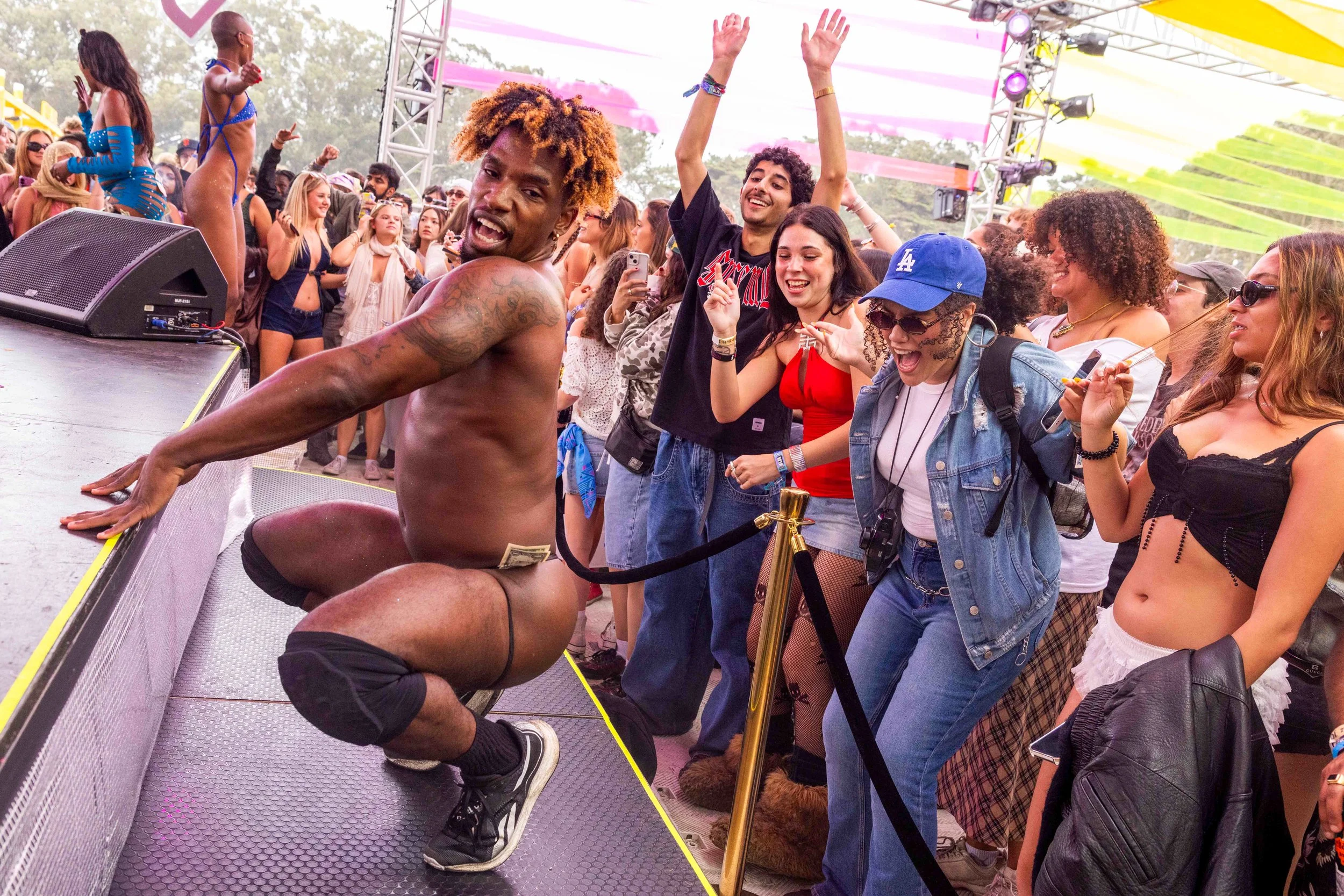Go-go dancers with DJ Miss Toto perform on the second day of Outside Lands Music Festival hosted in Golden Gate Park in San Francisco on Saturday, August 9, 2025. (Amanda Andrade-Rhoades/The San Francisco Standard)