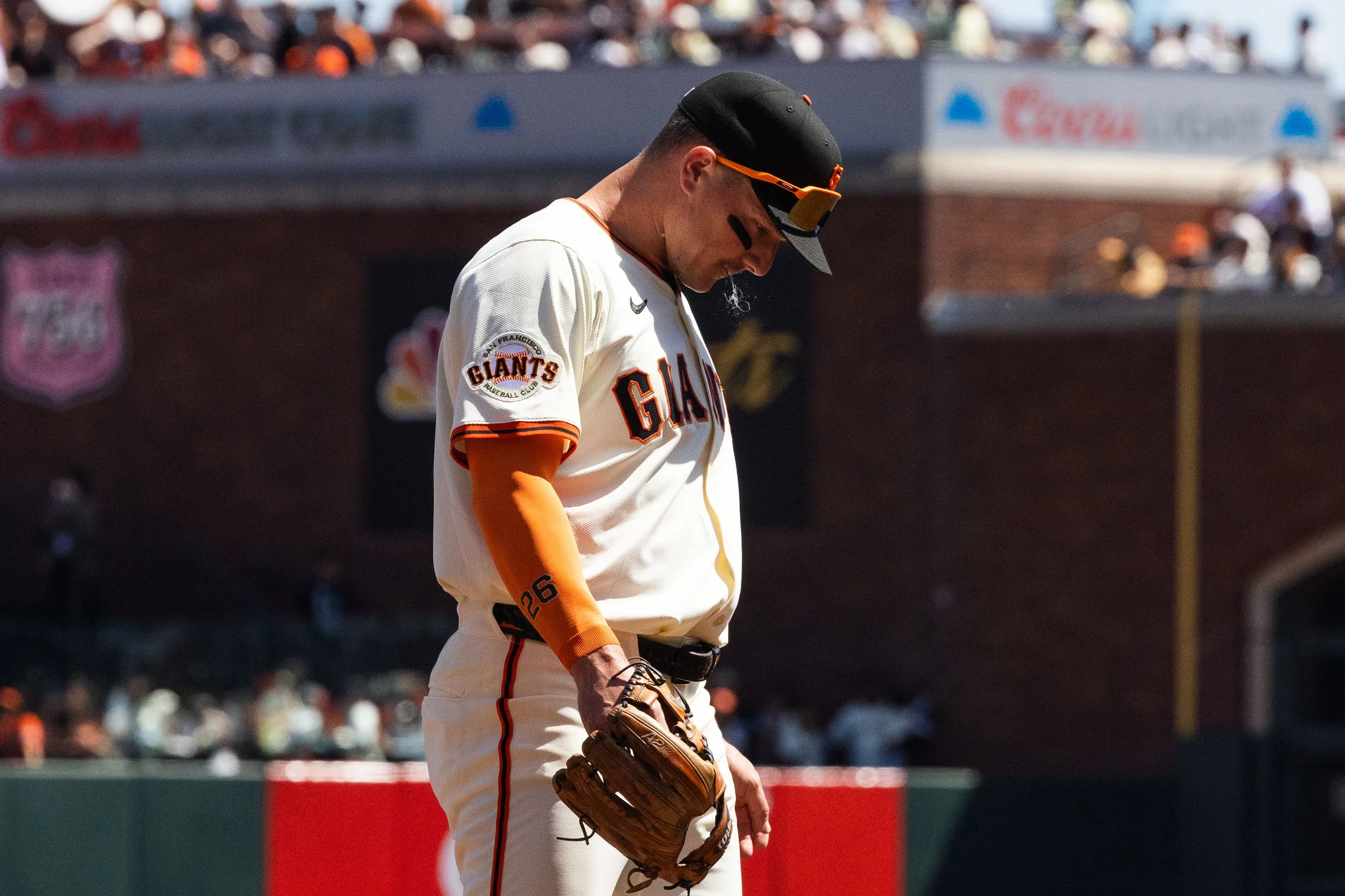 Matt Chapman, 26, of the Giants spits during the Giants vs. Mariners home opener game at Oracle Park in San Francisco on Friday, April 4, 2025. (Amanda Andrade-Rhoades/The San Francisco Standard)