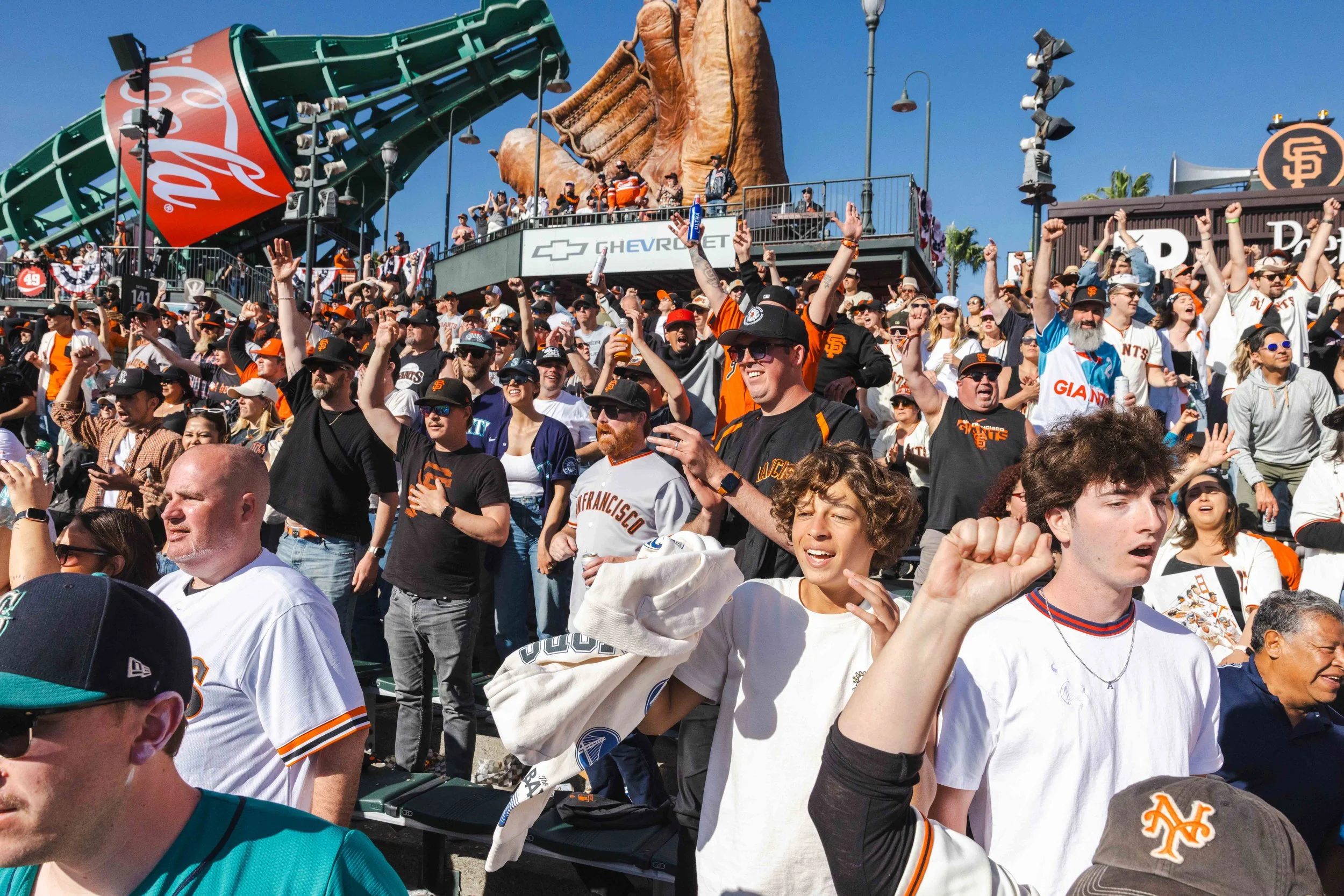 Fans cheer during the Giants vs. Mariners home opener game at Oracle Park in San Francisco on Friday, April 4, 2025. (Amanda Andrade-Rhoades/The San Francisco Standard)