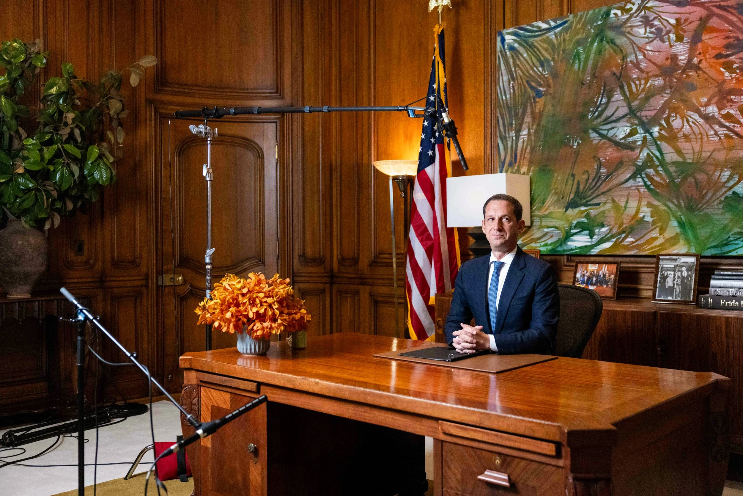 San Francisco Mayor Daniel Lurie rehearses his planned livestream about his proposed new budget at City Hall in San Francisco on Friday, May 30, 2025. (Amanda Andrade-Rhoades/The San Francisco Standard)