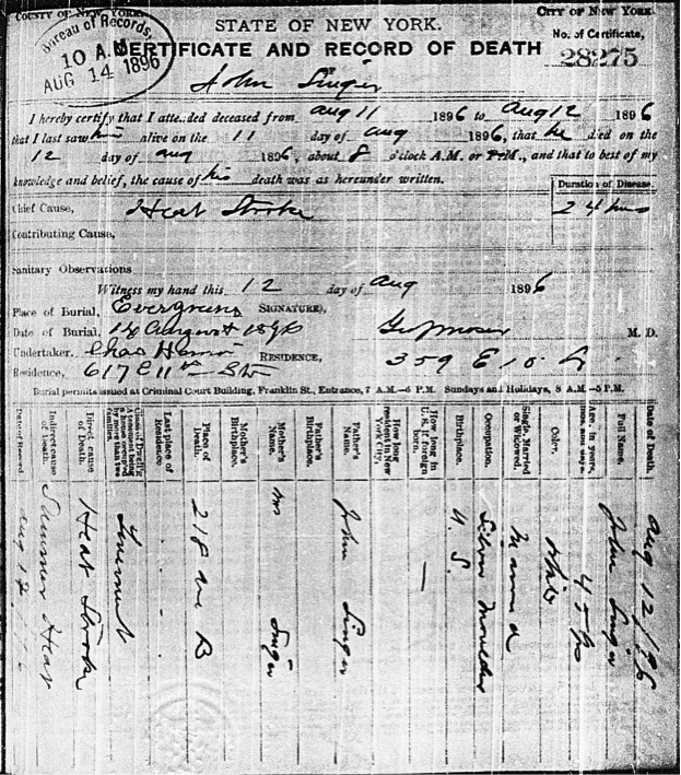 “Heat stroke” is listed as the primary
cause of death in silver molder John Singer’s death certificate from August 12,
1896. ( Photo: Edward Kohn)