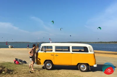 VW Surfer Bus at the kiting lagoon in Kalpitiya