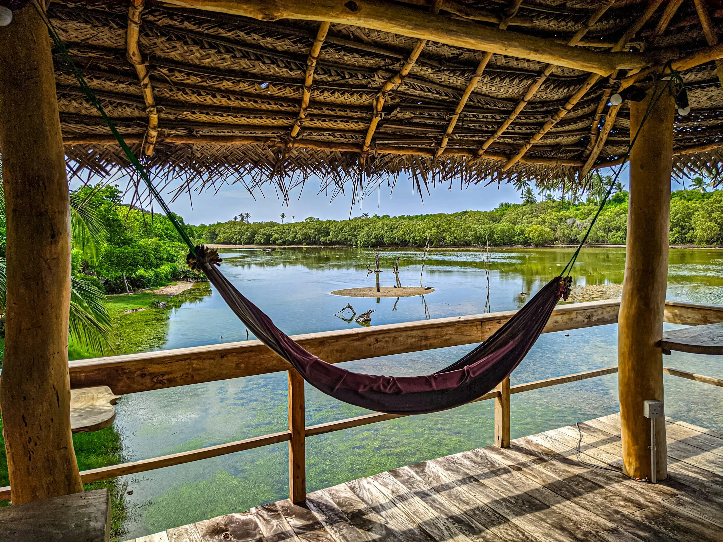 View from a wooden balcony with a hammock, overlooking a river surrounded by lush green trees and a sandy island with a fallen tree.