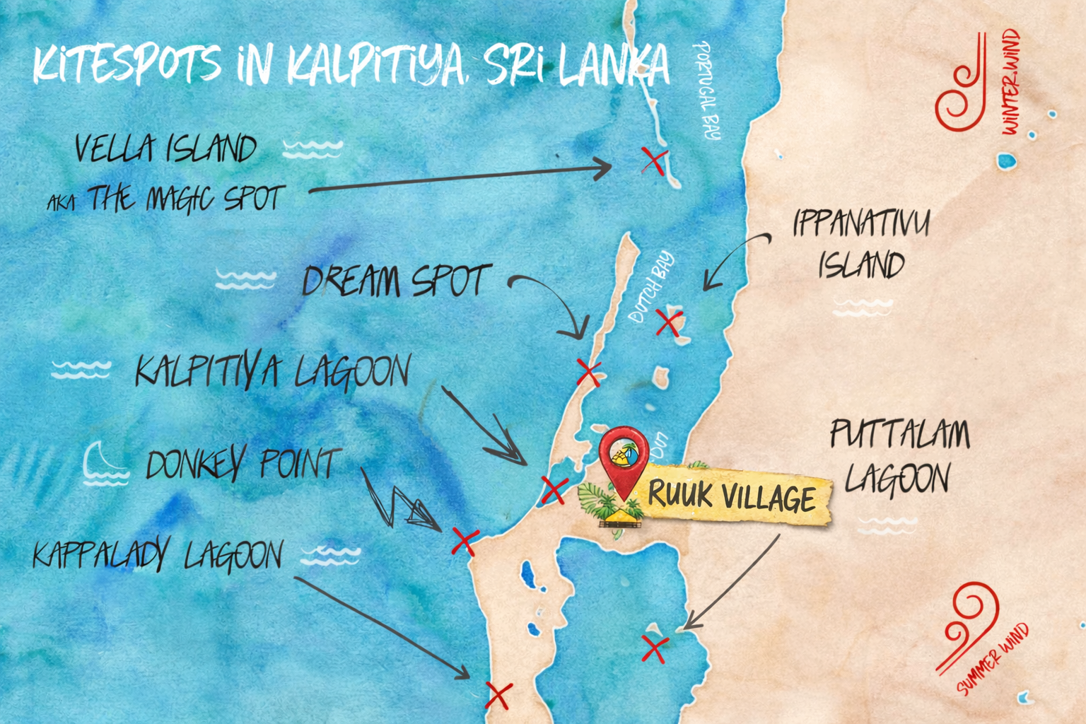 Kalpitiya kitesurfing spots map with Ruuk Village location and kite safari spots in Sri Lanka