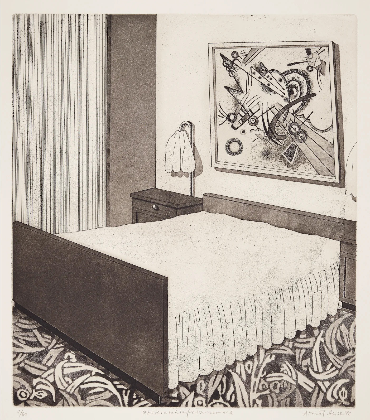 Almut Heise Elternschlafzimmer IV .1973 Strichätzung, Aquatinta . 40 x 36 cm Auflage 60 . signiert und datiert 1.000 Euro