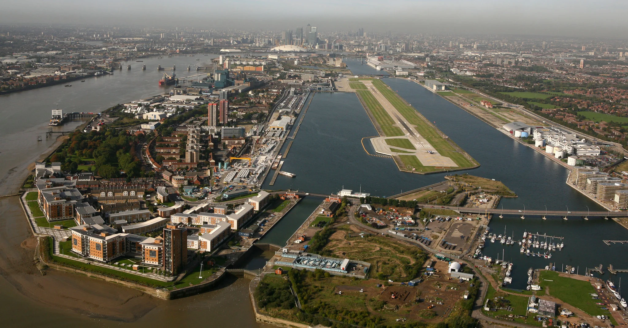 Royal Docks viewed from the east, looking towards central London with Thames to left