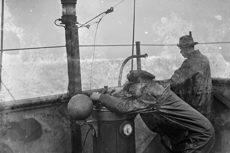 Captain of SS Eston fixing position using ships compass