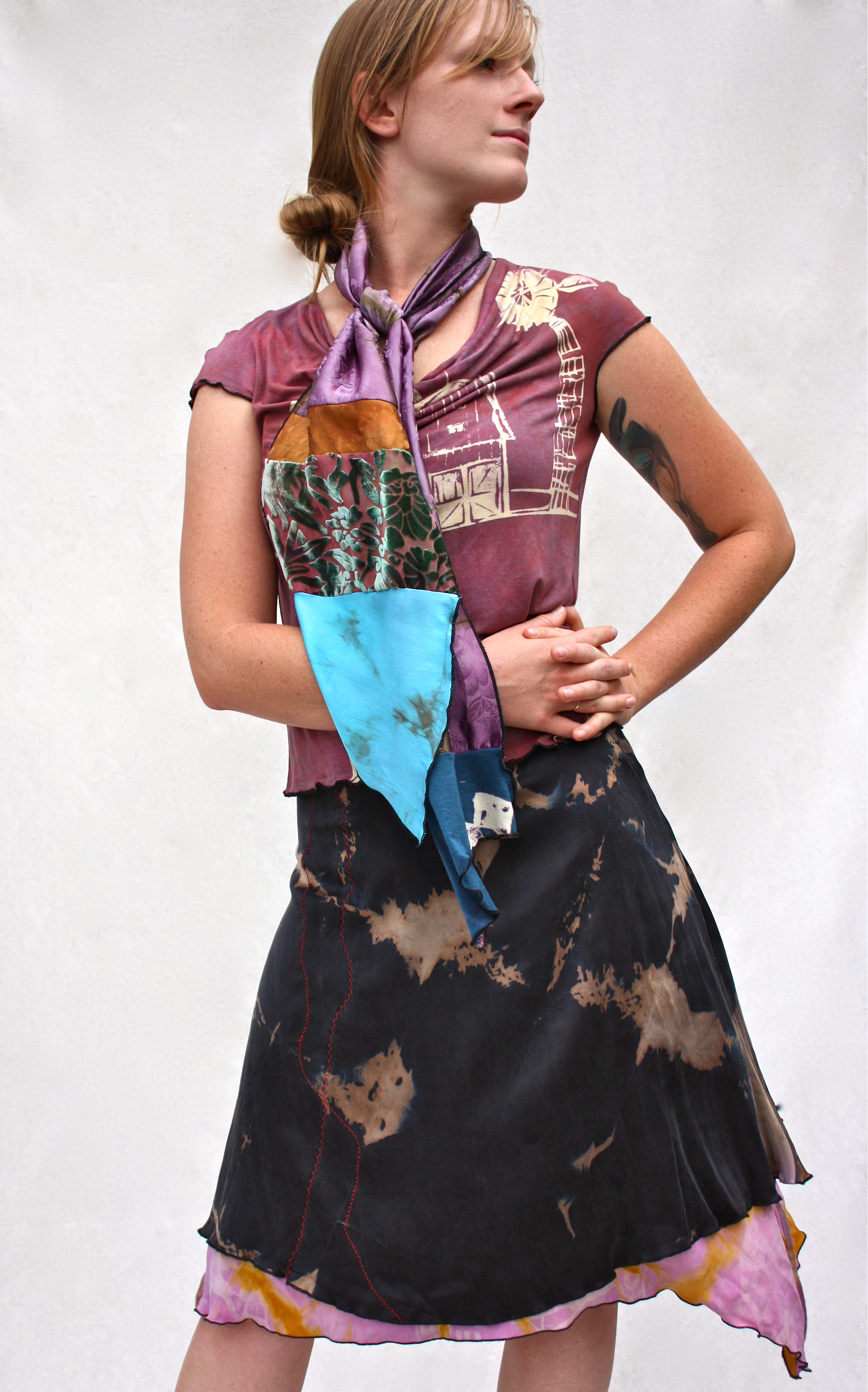 Carnival Cowl Tee, Collage Scarf, & Reversible Skirt
