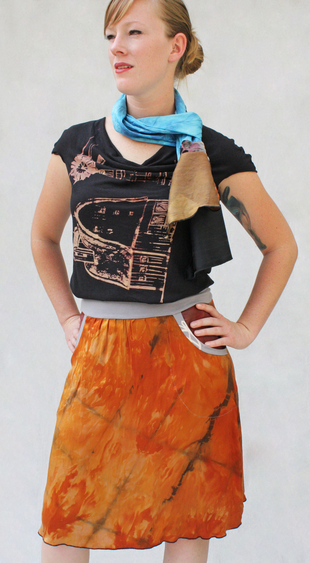 Carnival Cowl Tee, Silk Pocketed Skirt, & Collage Scarf
