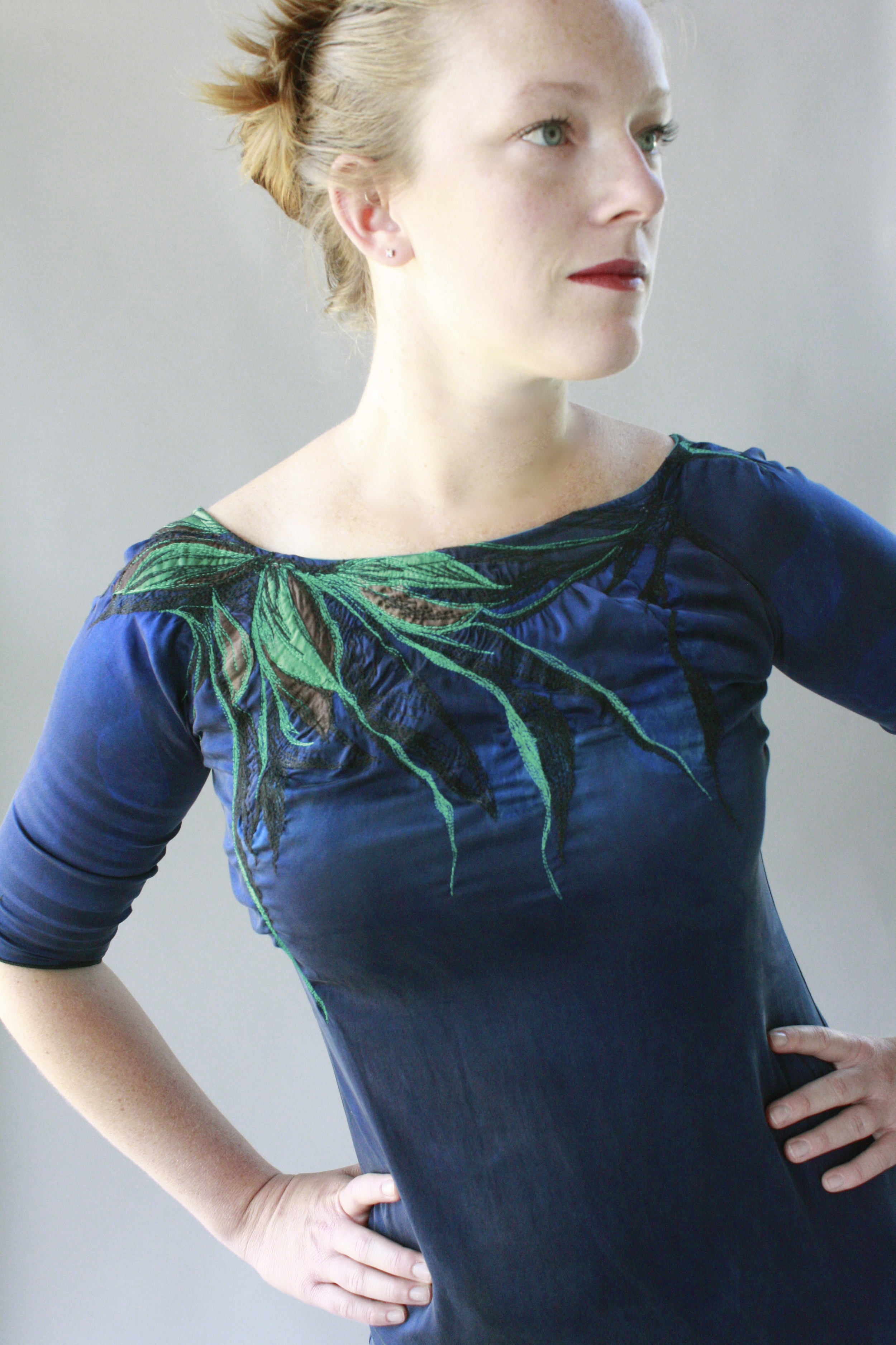 Custom "Tendrils Dress" hand dyed, applique &amp; thread painted stretch silk, 2013