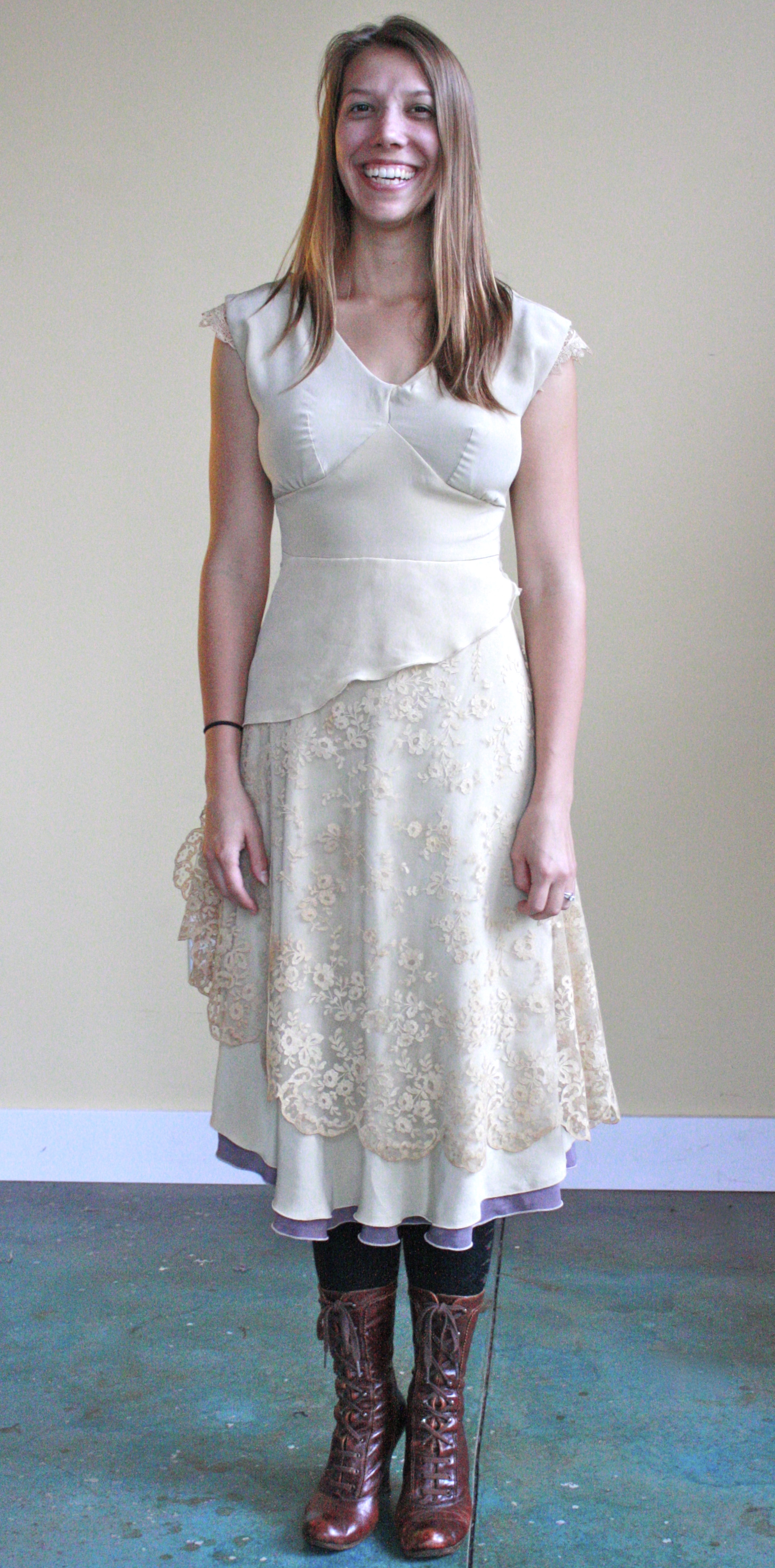 Custom silk crepe wedding dress hand dyed to match vintage lace, 2012