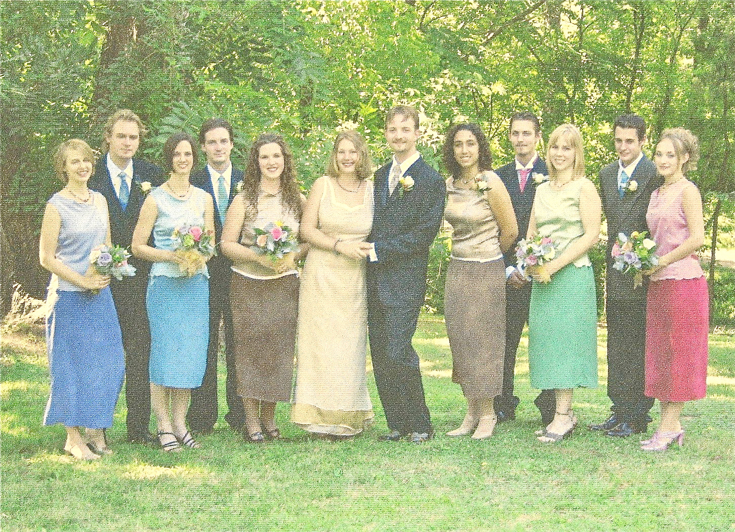 Custom wedding party: bridal gown plus hand dyed two-tone bridesmaid dresses and groomsmen's ties, circa 2005