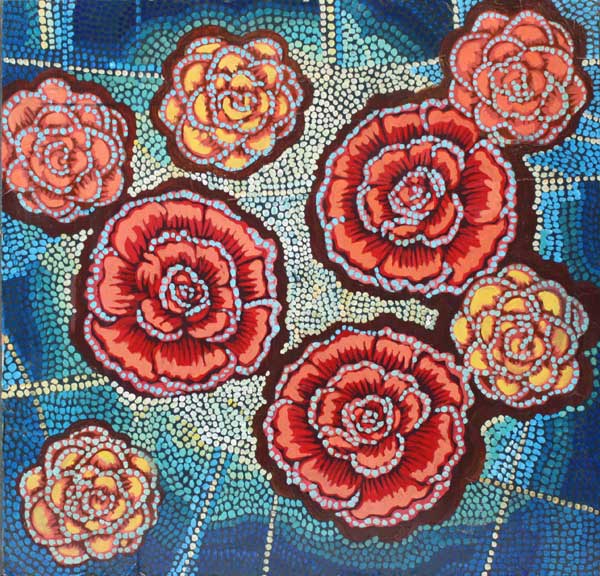 "Roses on Blue," 24" x 24", mixed media on wood, private collection